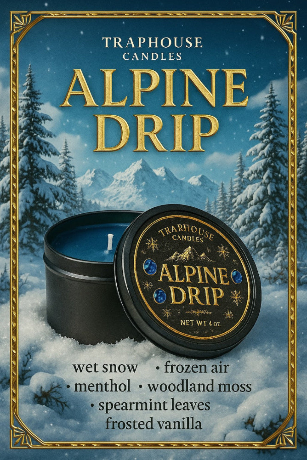 Traphouse Candles Alpine Drip candle packaging with snowy mountain background