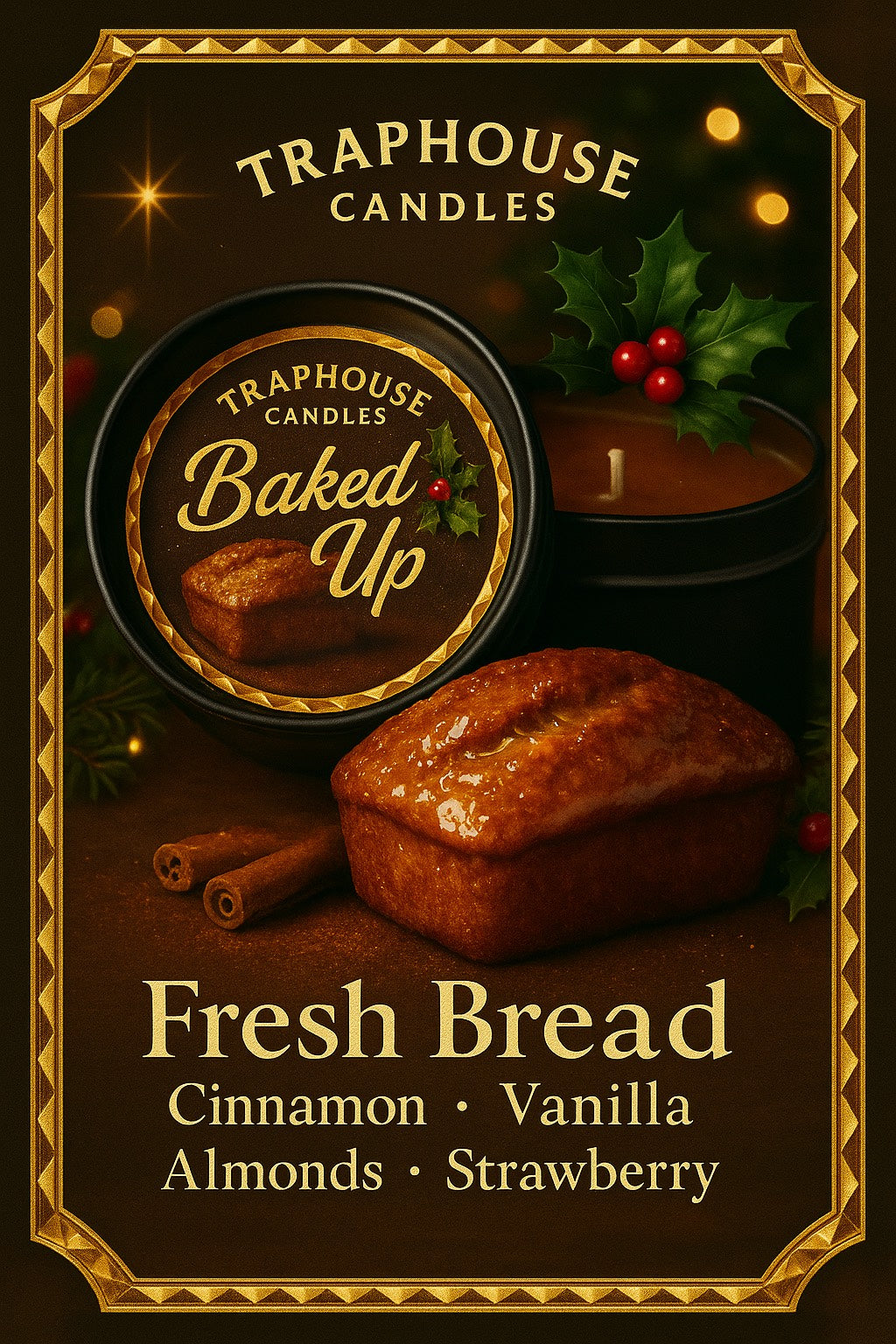 Traphouse Candles Fresh Bread scented candle packaging with loaf of bread and cinnamon sticks on a dark background.